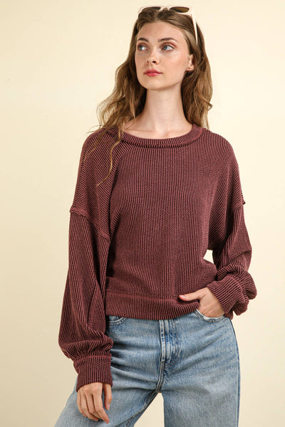 VERY J - NT11947-Two Tone Otto Ribbed Oversized Soft Comfy knit Top: OATMEAL / S-M-L/2-2-2