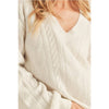 Timeless - Mossy V Neck Cable Knit Long Sleeve Sweater Top: IVORY / L