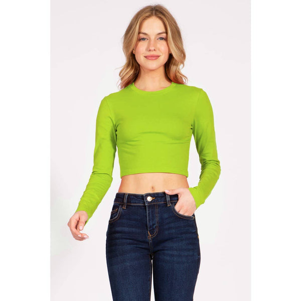 Timeless - Round Neck Long Sleeve Crop Shirt Top: GREEN / S