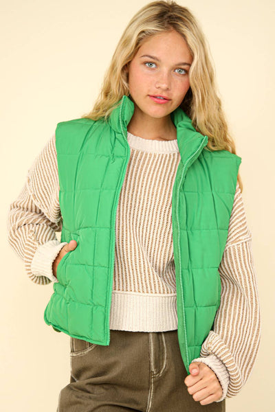 VERY J - NJ90282-Solid Puffer Padded Warm Vest: KELLY GREEN / S-M-L/2-2-2