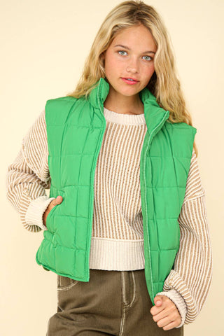 VERY J - NJ90282-Solid Puffer Padded Warm Vest: KELLY GREEN / S-M-L/2-2-2