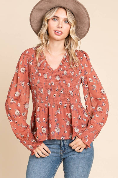 IWT Brands - IBH24125 - FLORAL PRINT DEEP V-NECK SMOCKED BLOUSE w RUFFLE