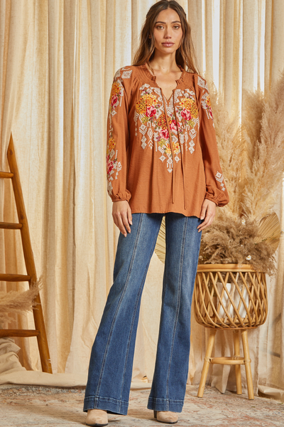 Andrée by Unit - Long Sleeves Embroidered Tunic Top T12340-1