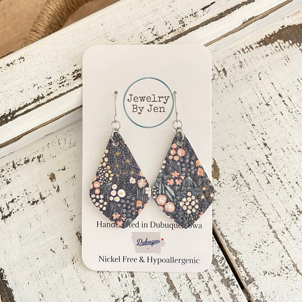 Jewelry By Jen - Elegant Teardrop (Small): Pastel Flowers on Grey